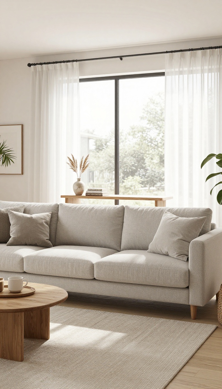 Slim console table behind a sofa in a bright living room with natural light and minimal decor