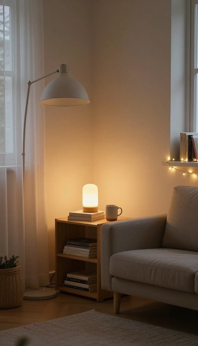 College living room with layered lighting from floor lamp, table lamp, and string lights creating a warm, cozy ambiance