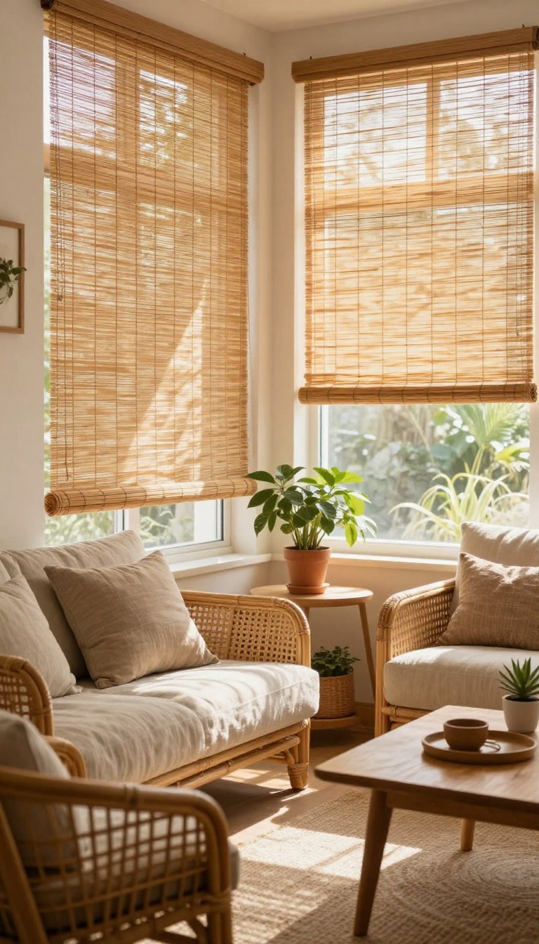Living room with bamboo blinds casting warm light, bohemian decor with rattan and plants