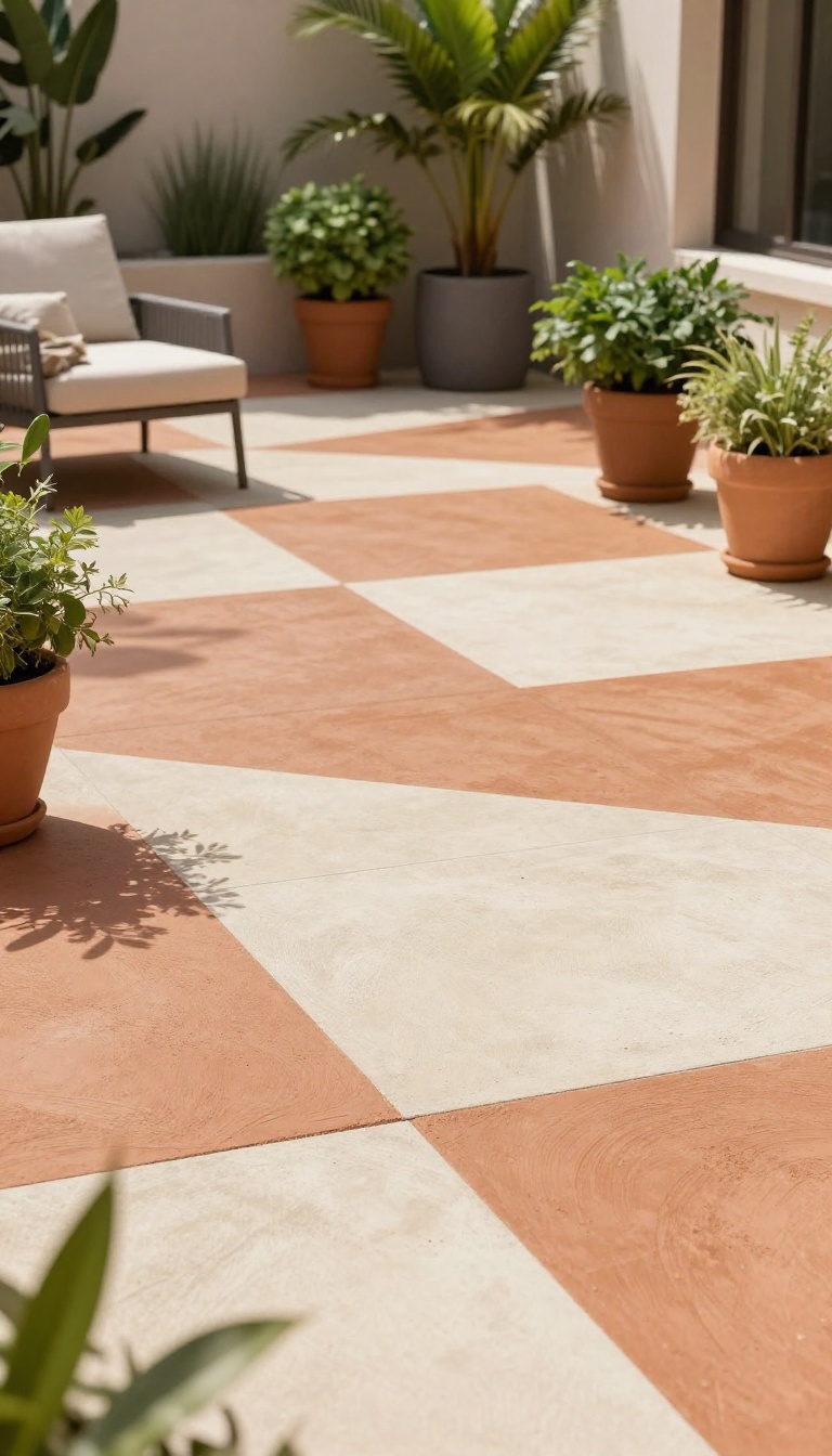 Painted concrete patio floor with geometric terracotta and cream pattern, surrounded by potted plants and a lounge chair