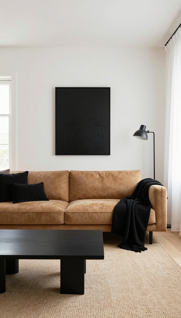 Minimalist living room with tan couch and black accents, featuring black coffee table, floor lamp, and art, with jute rug and sheer curtains.