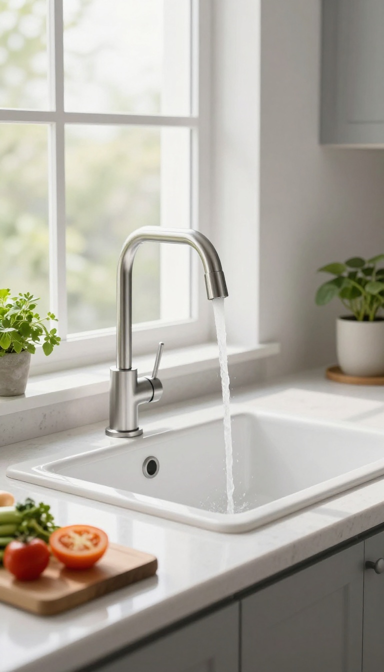 Modern kitchen with a single-handle faucet in brushed steel, water flowing, surrounded by fresh vegetables and natural light.