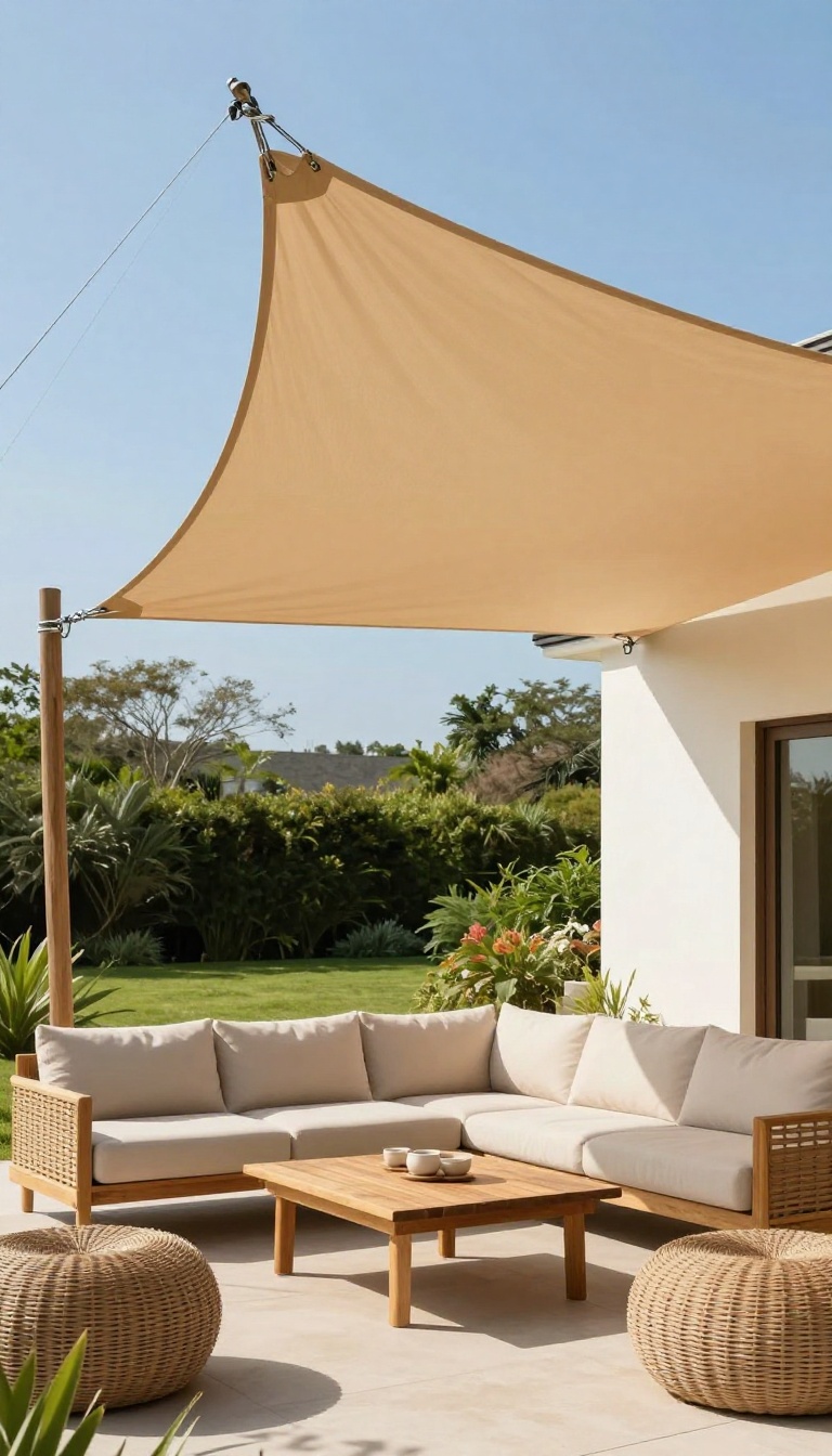 A modern patio covered by a terracotta fabric sail shade, with outdoor furniture and a garden setting.