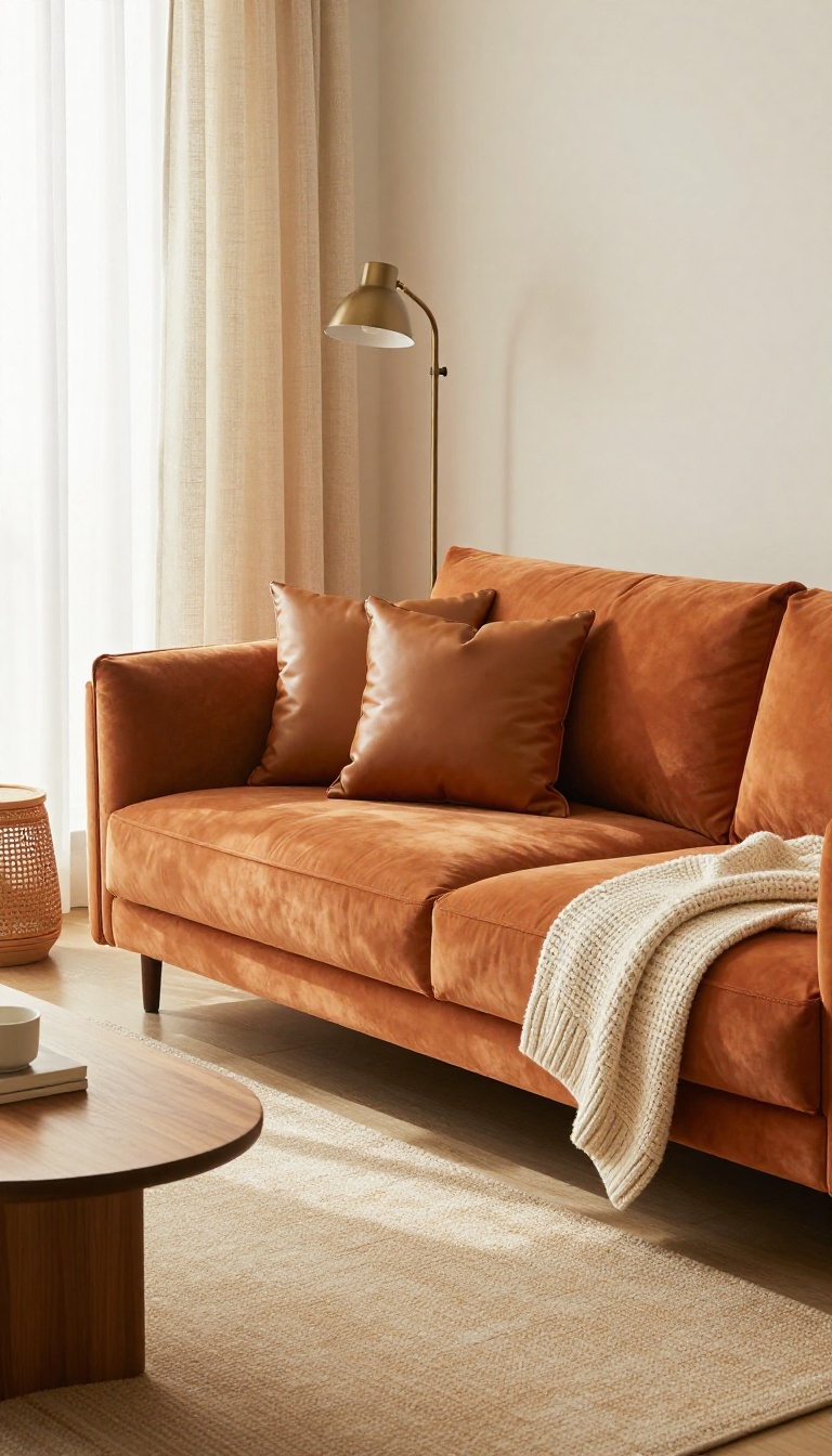 Warm monochromatic living room with orange couch, cream and caramel textures, and natural materials