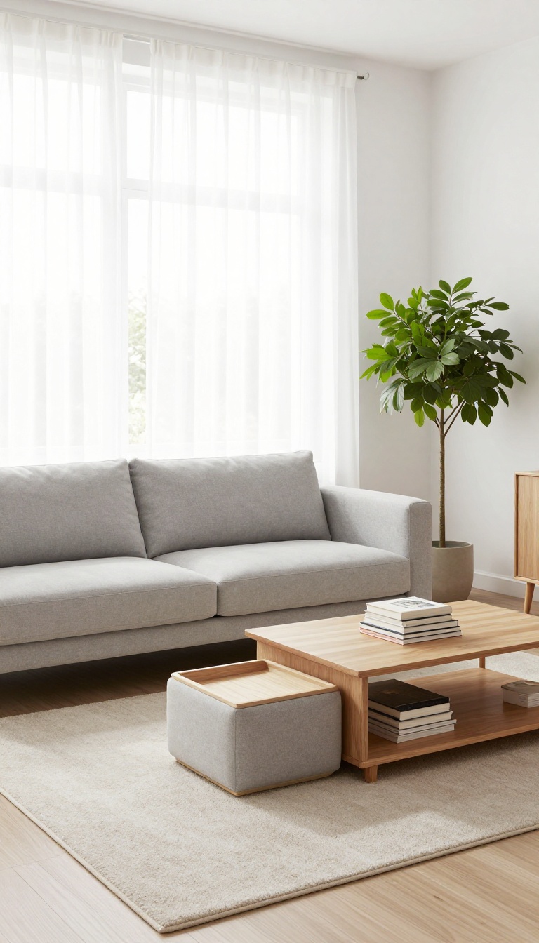 Small living room with multi-functional furniture including a sofa bed, storage ottoman, and nesting tables