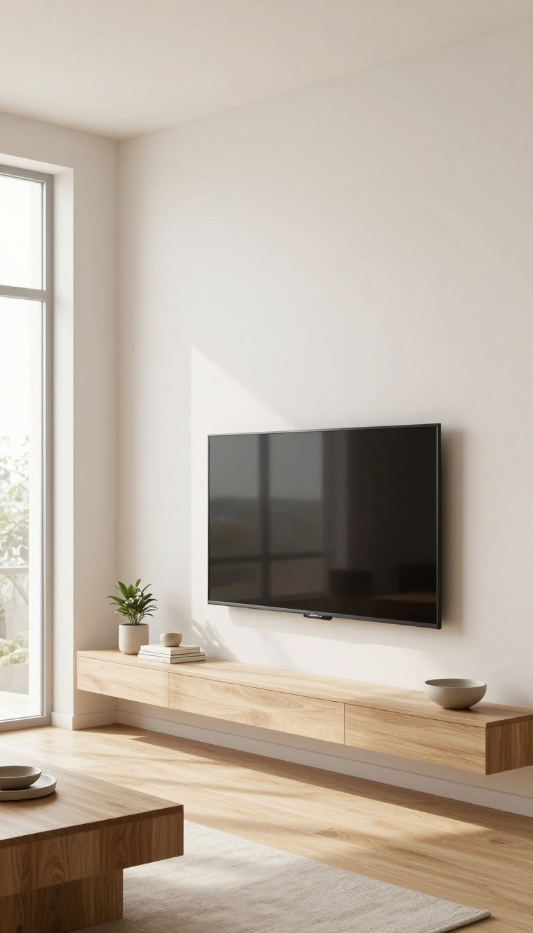 Modern living room with a floating TV console and hidden cable management
