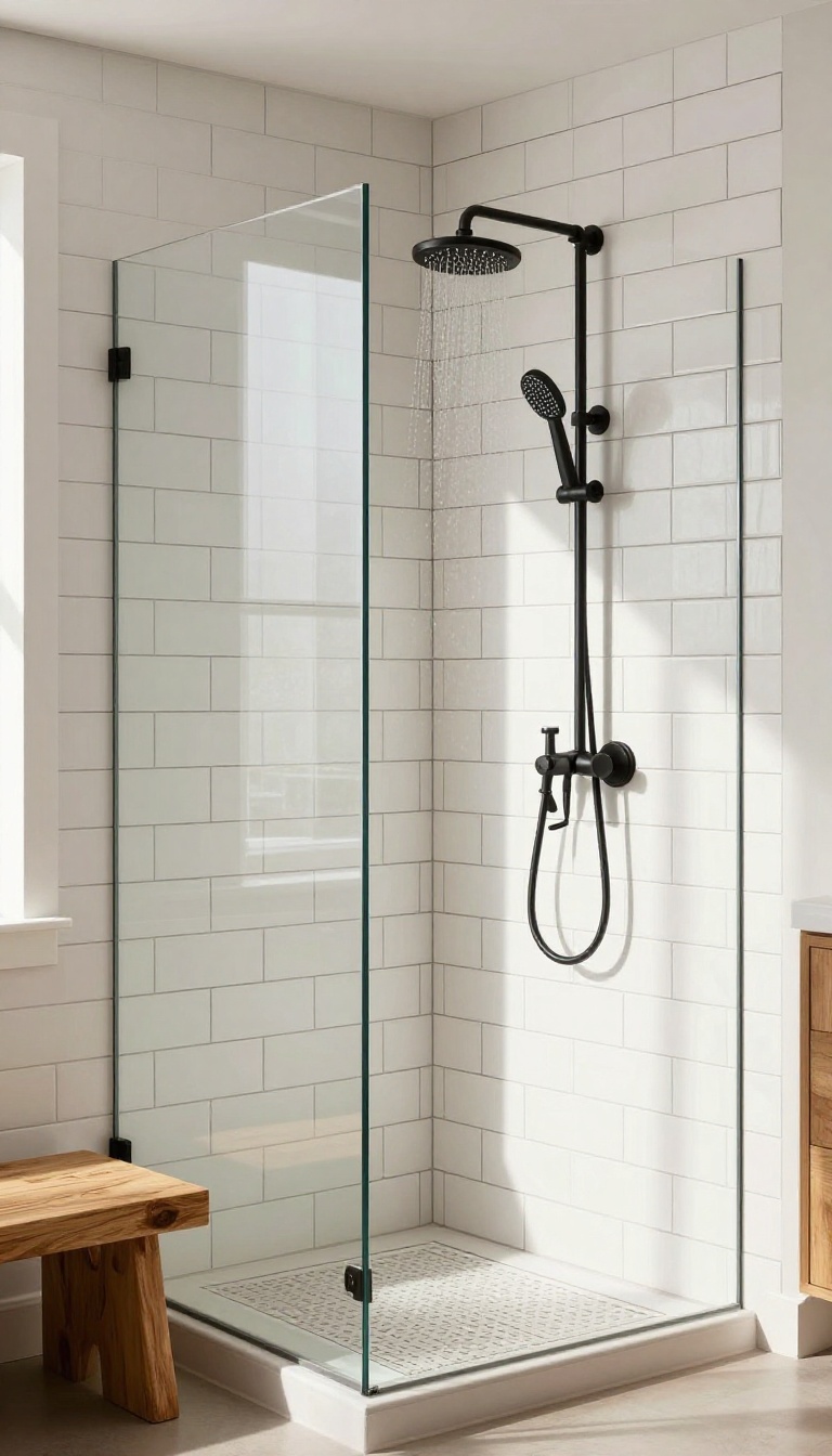 Modern farmhouse shower with white subway tile and dark grout, matte black fixtures, and a teak bench