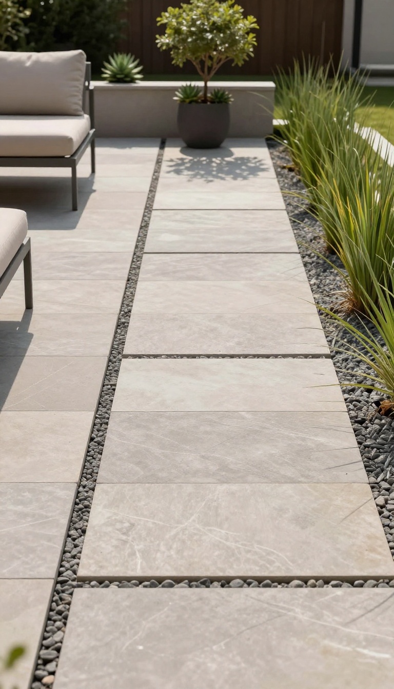 Modern grid-layout flagstone patio with clean lines and minimalist landscaping