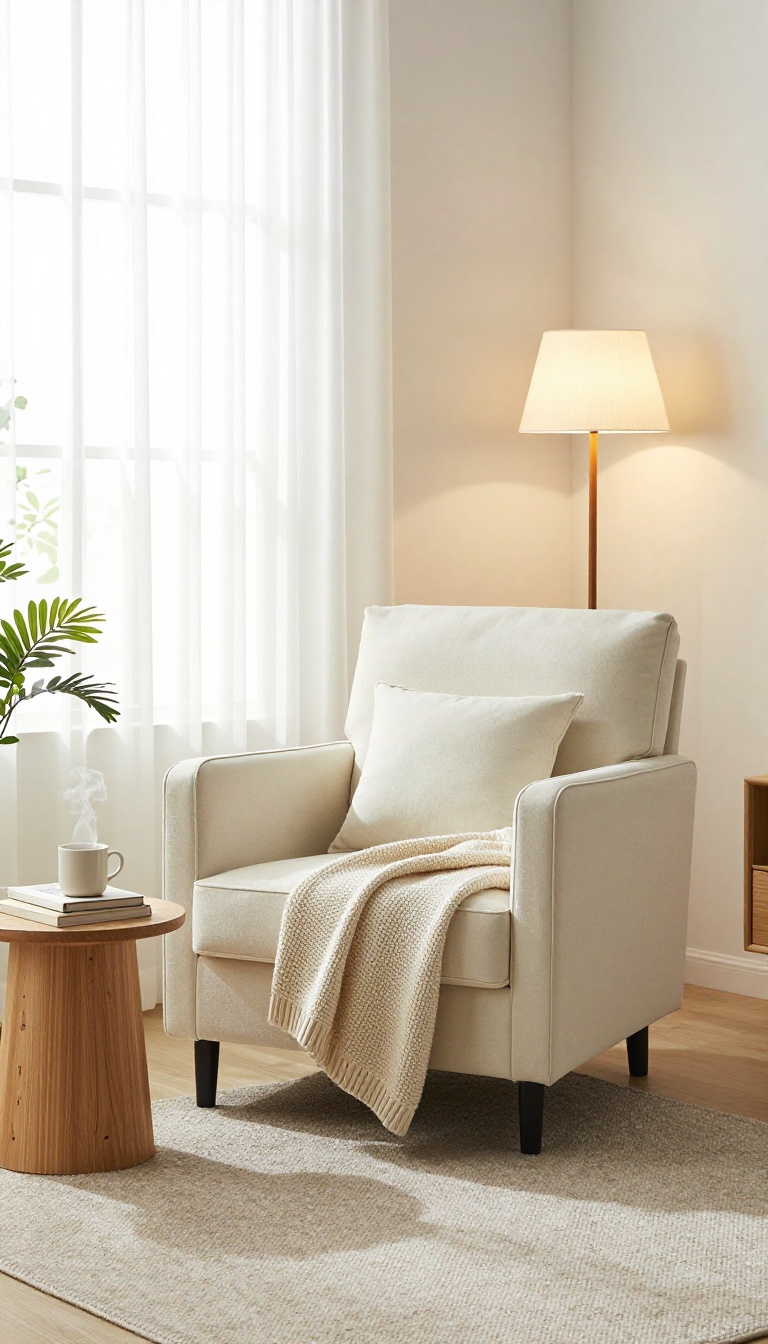 Cozy reading nook in a small living room corner with an armchair, side table, floor lamp, and natural light