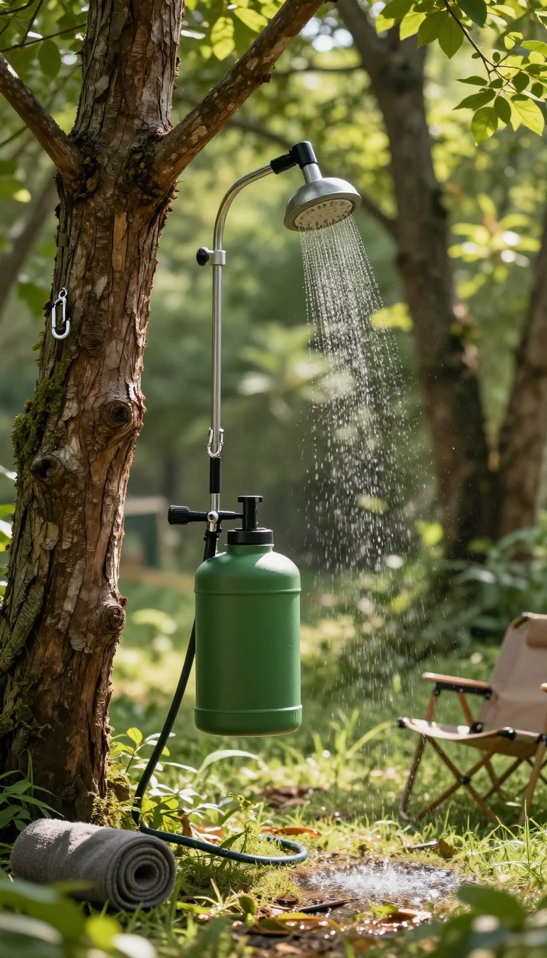 DIY camping shower using a pressurized weed sprayer hanging from a tree branch in a forest