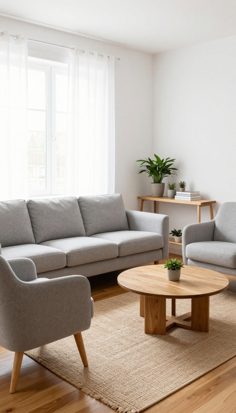 Small living room with floating sofa arrangement and intimate seating area