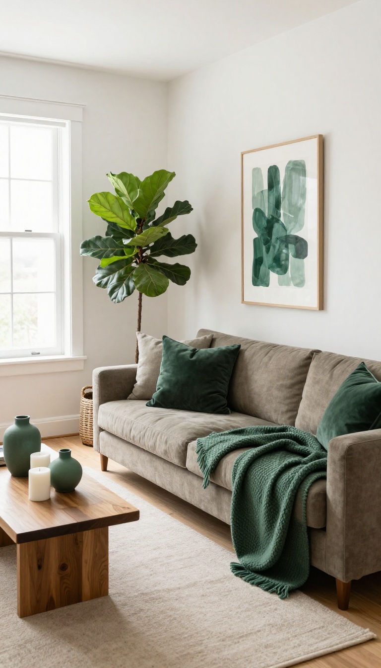 Taupe sofa with deep green accent chair, plants, and green decor in a bright living room