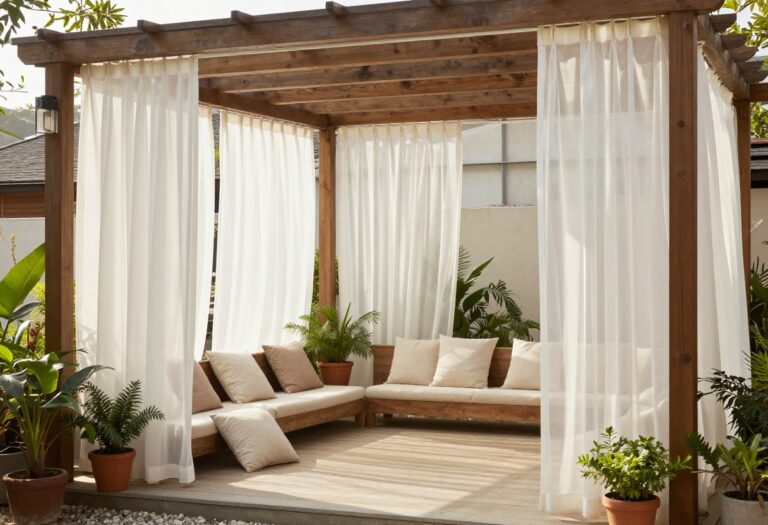 Outdoor patio with sheer white curtains on a pergola, creating a private and soft space