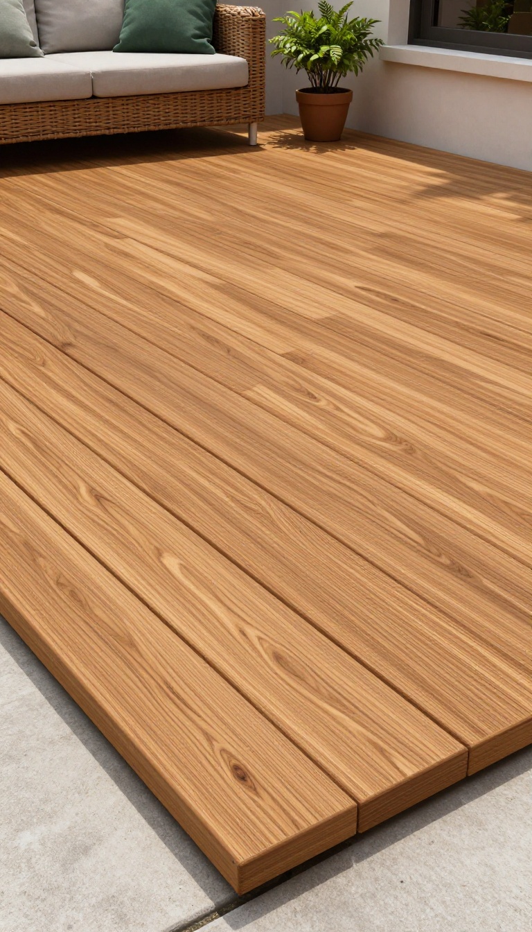 Outdoor vinyl plank flooring in a warm teak finish on a patio, with a wicker sofa and potted plant in the background