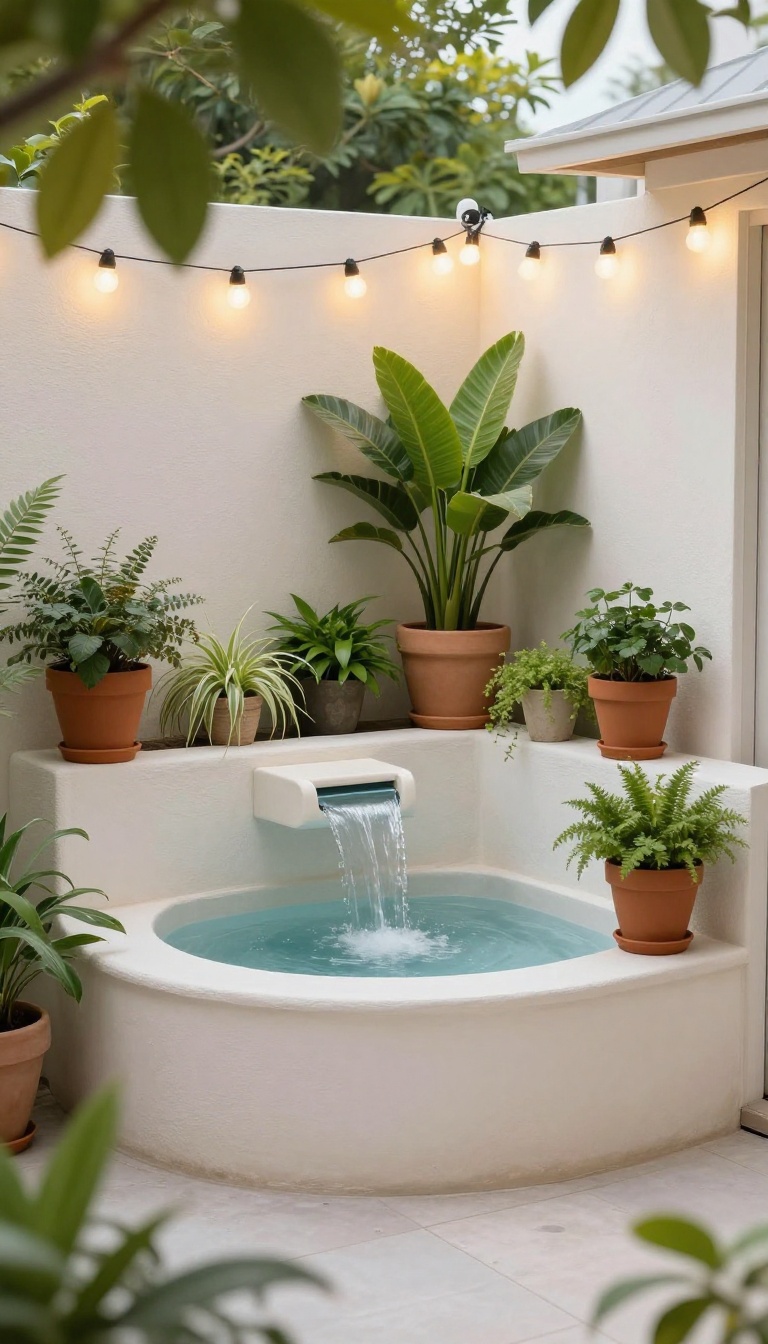 A small patio with a wall-mounted water feature, plants, and string lights creating a calming ambiance
