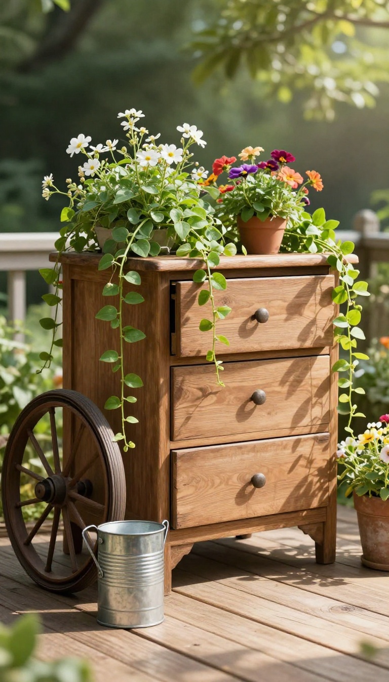Repurposed furniture planters on a patio with greenery