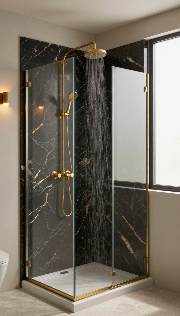 Onyx walk-in shower with brass fixtures and warm lighting