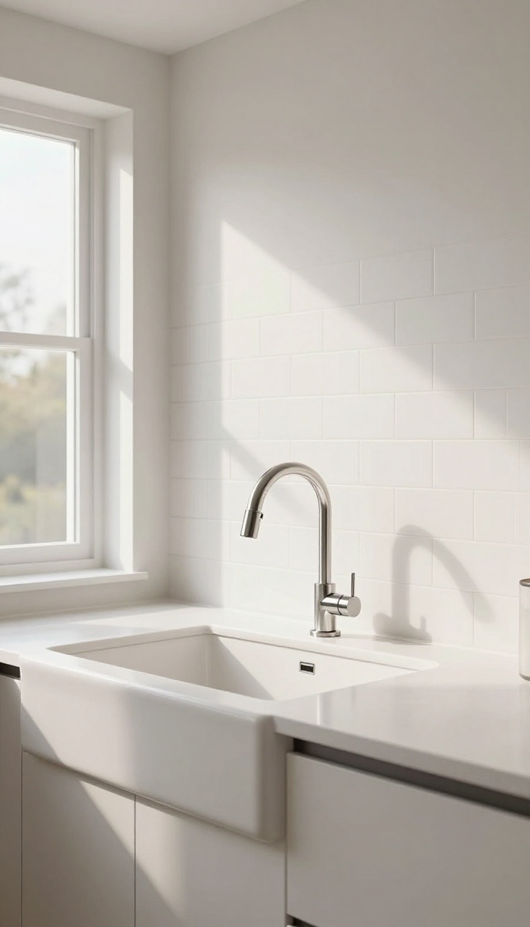 Modern kitchen with a wall-mounted faucet and a clean, clutter-free countertop