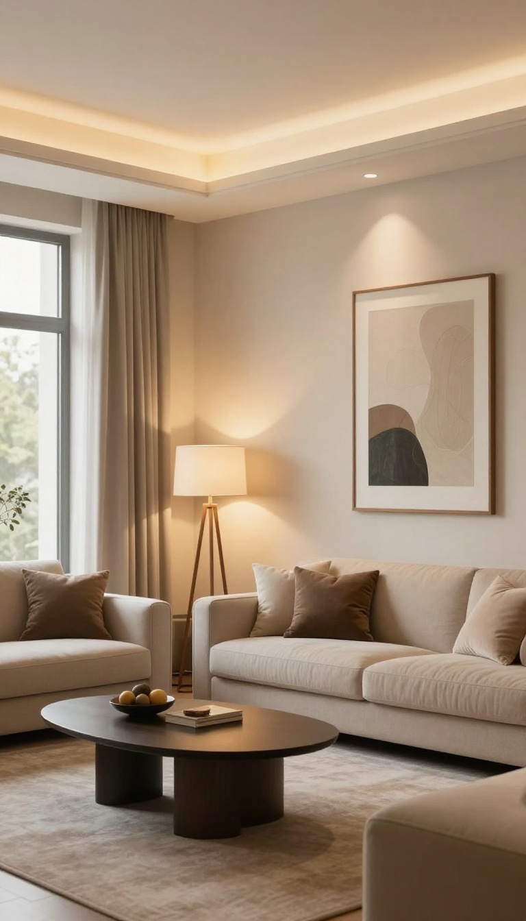 Layered lighting in a polished living room with ambient, task, and accent lights creating a warm, inviting atmosphere.