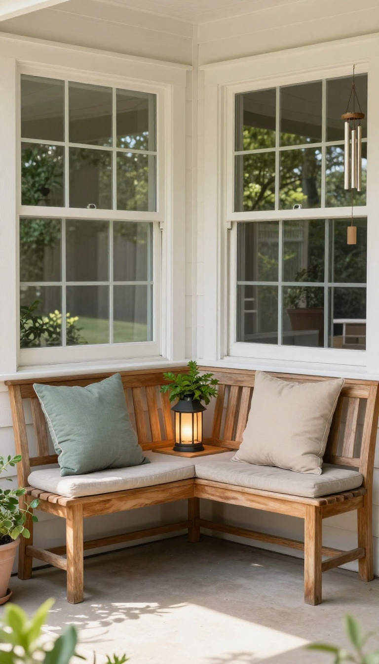 Cozy front patio seating nook with wooden bench, cushions, and potted plant