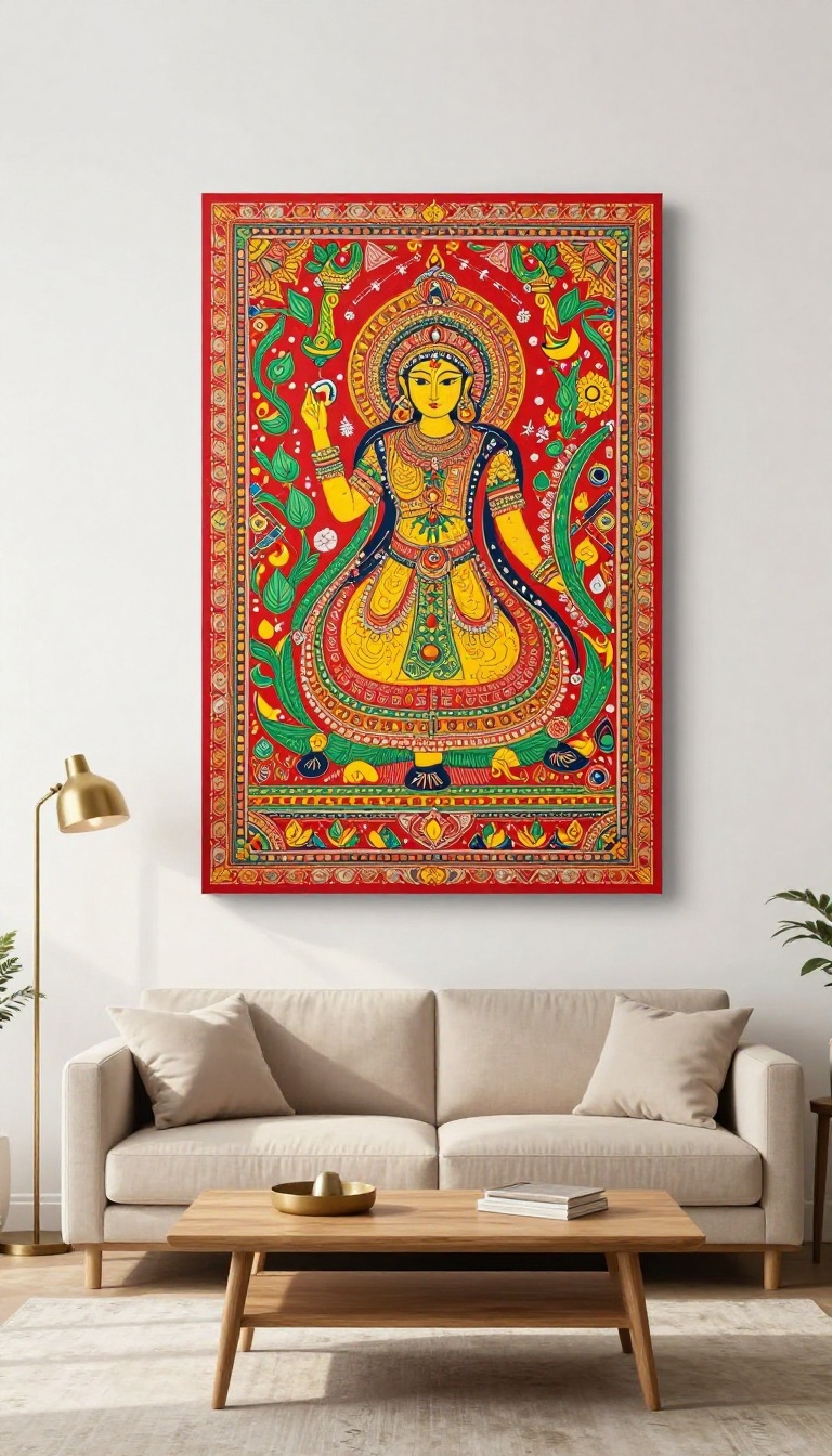 Indian living room with a bold Madhubani statement wall art