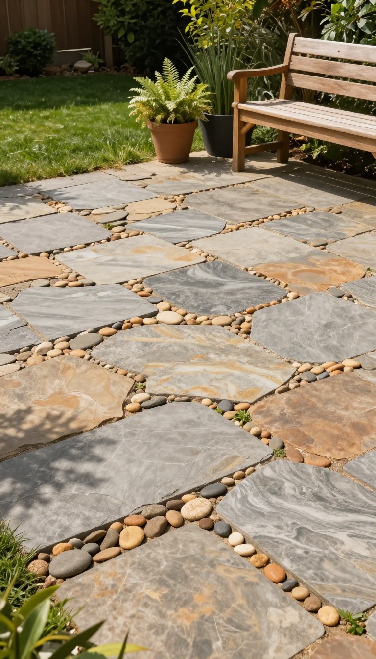 Flagstone patio with pebble inlays in a sunny backyard
