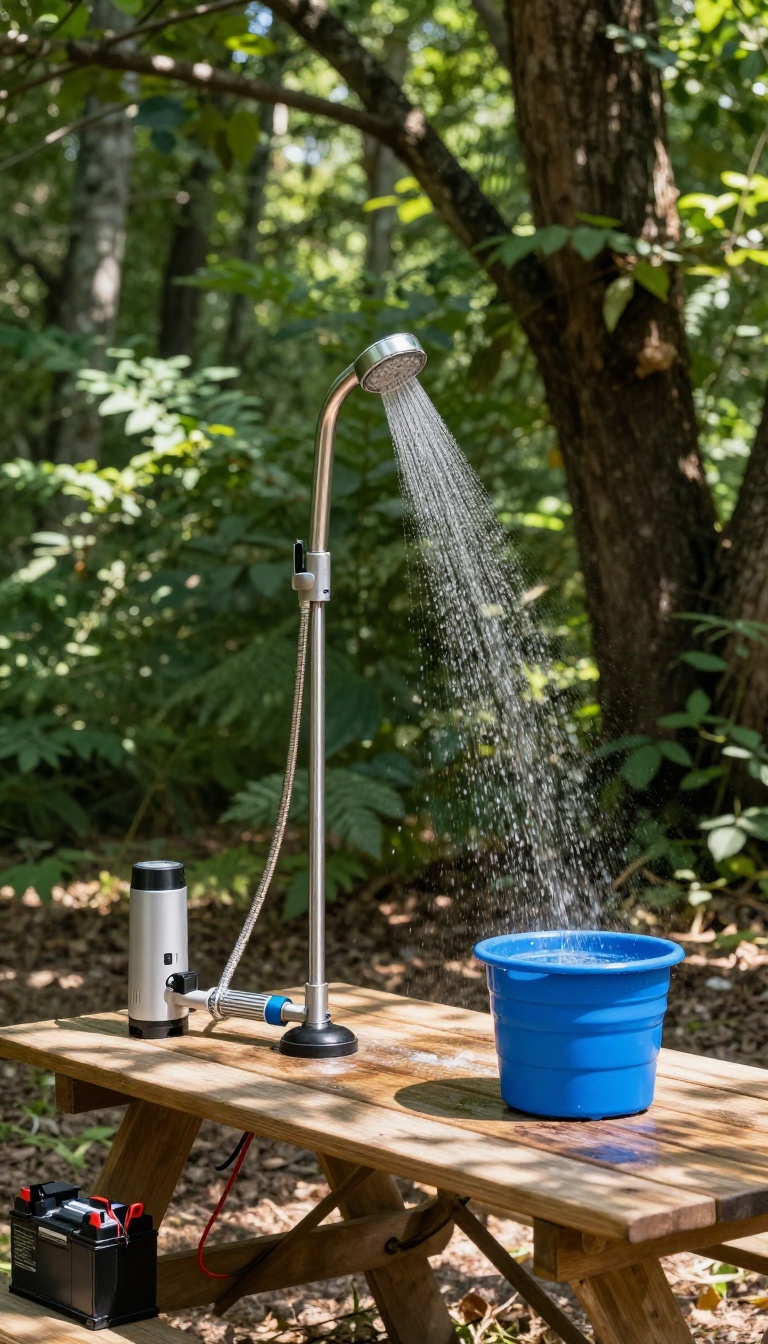 Camp shower with a 12V pump in a forest setting