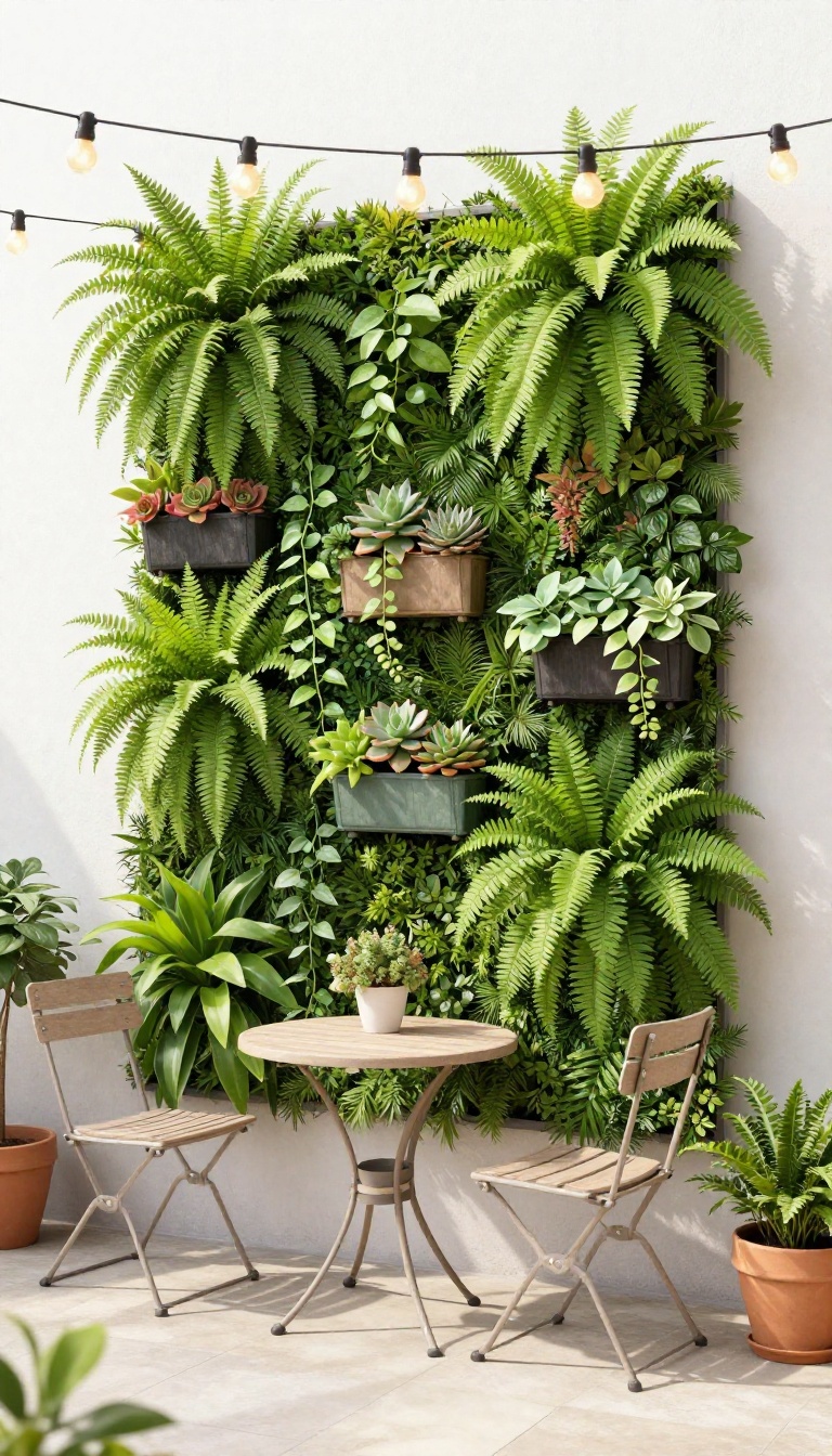 Small back patio with a vertical garden wall of lush plants, cozy seating, and warm lighting.