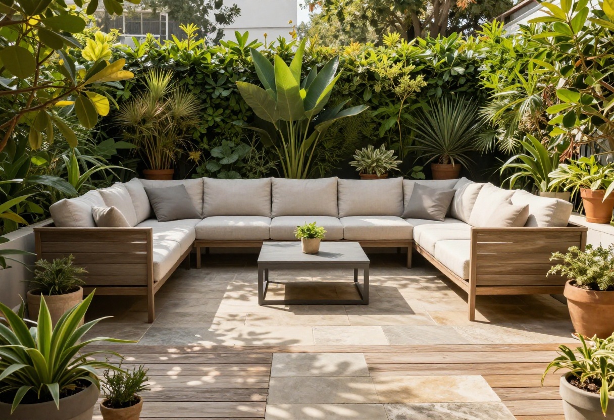 Outdoor patio with natural stone and wood flooring
