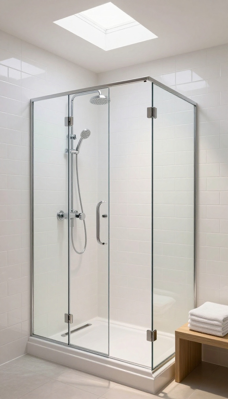 Bright basement shower with white grout and shiny chrome fixtures, illuminated by natural light from a skylight.
