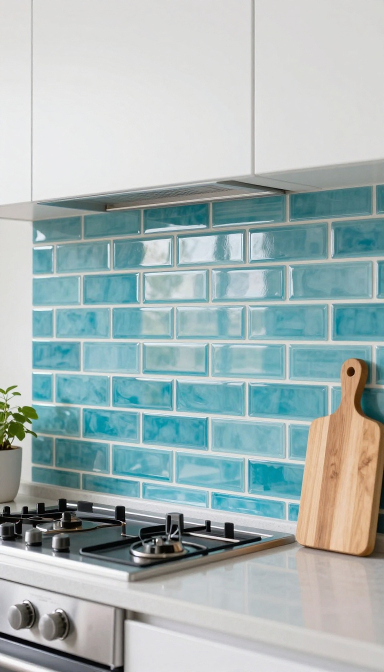 Glass tile backsplash in a brick pattern behind a modern stove in a bright kitchen