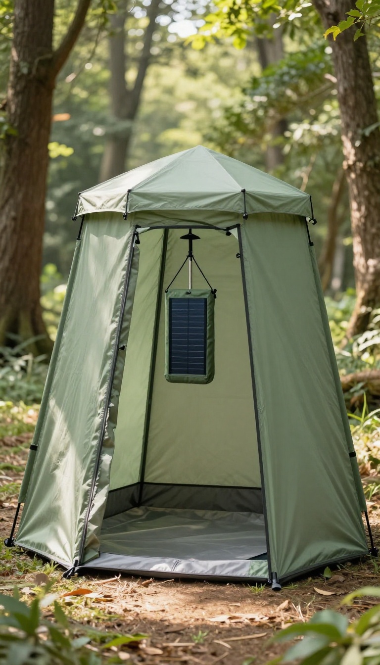 A portable privacy shower tent set up in a forest, with a solar shower bag hanging inside and sunlight filtering through the trees.