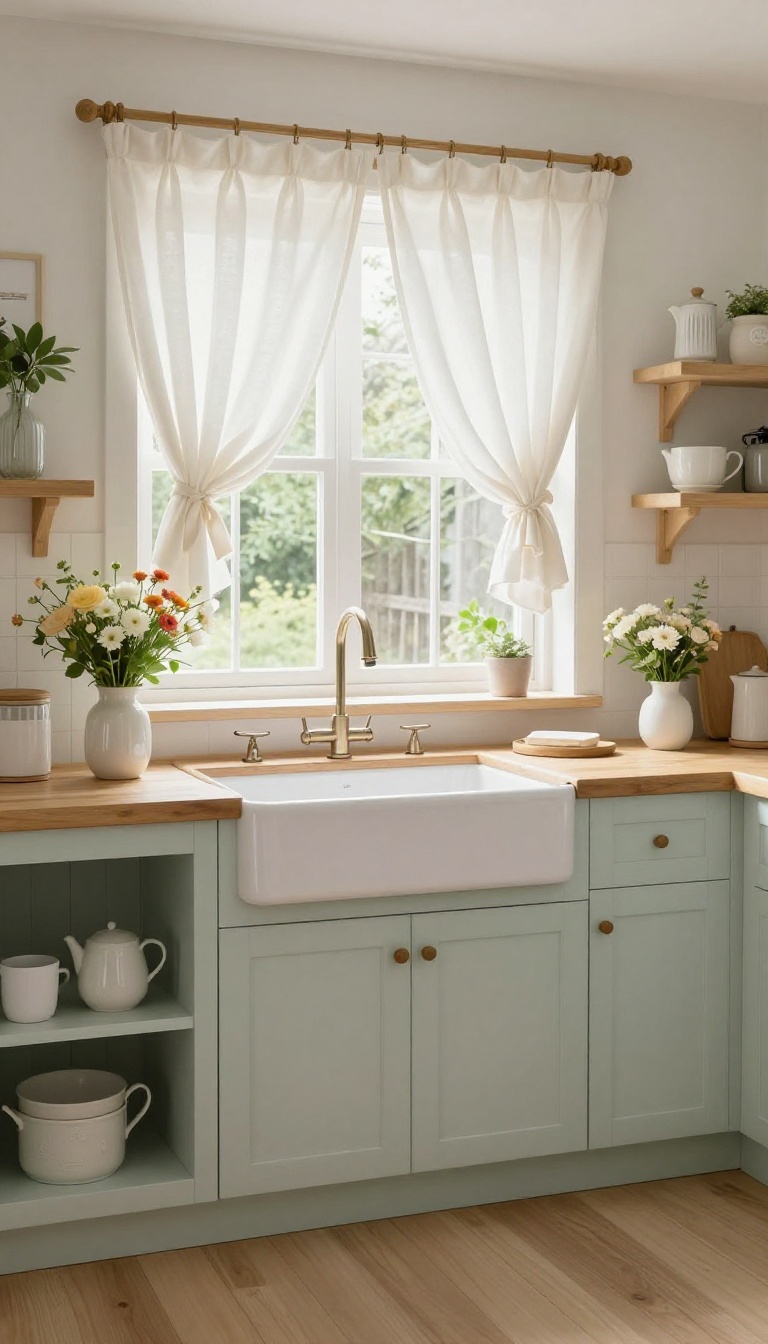 Kitchen window with a white balloon valance, soft puffs of fabric, cottage-style decor, bright natural light