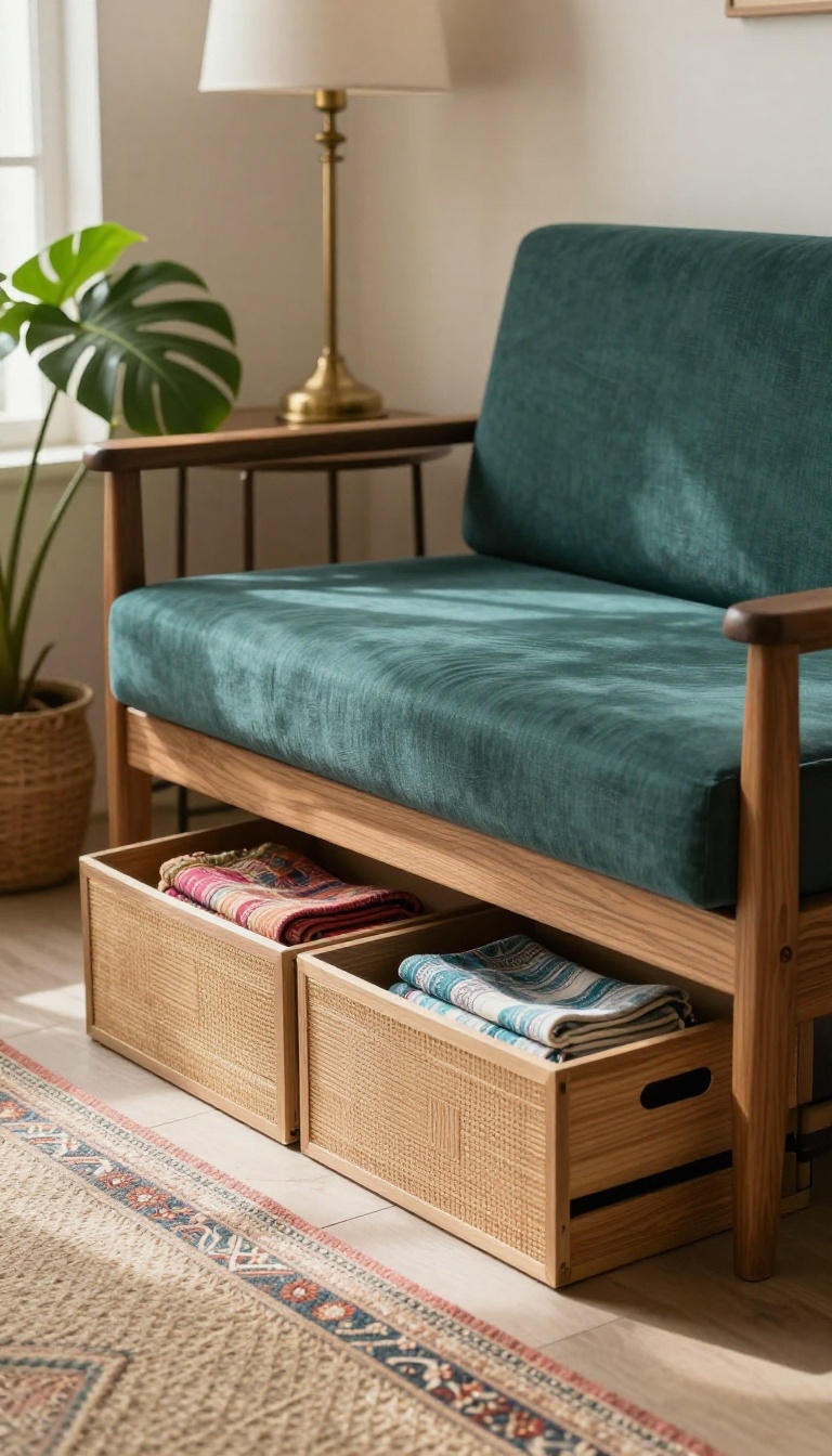Cozy Indian living room with under-sofa storage boxes neatly tucked beneath a wooden sofa, bright natural light, and tasteful decor.