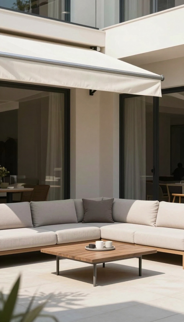 Modern patio with a retractable awning providing partial shade over outdoor furniture.