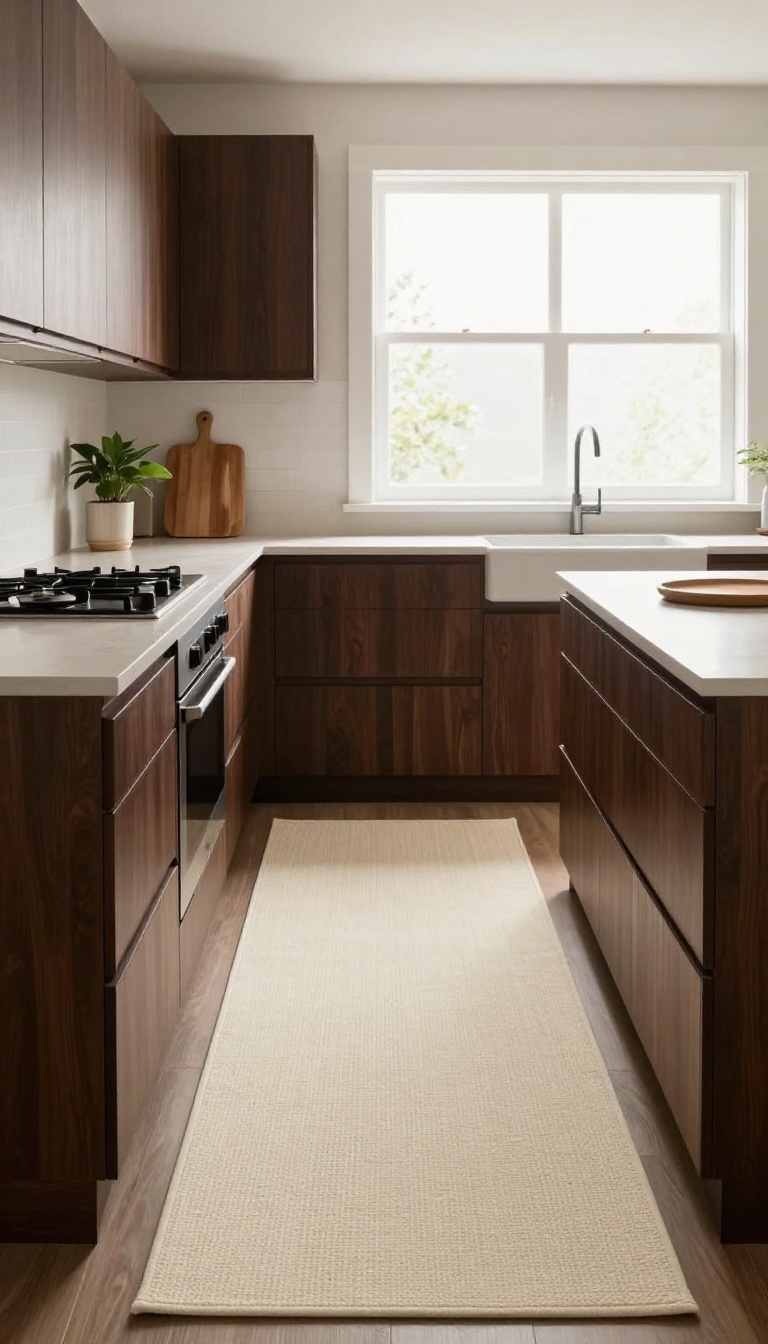 Soft cream runner rug on dark wood kitchen floor in front of sink, bright natural light, minimalist decor