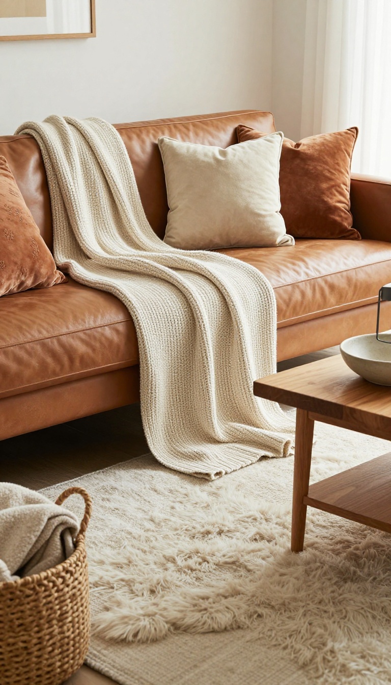 Living room with leather sofa, chunky knit throw, velvet pillows, woven basket, wooden coffee table, and sheepskin rug, showcasing mixed textures in natural light