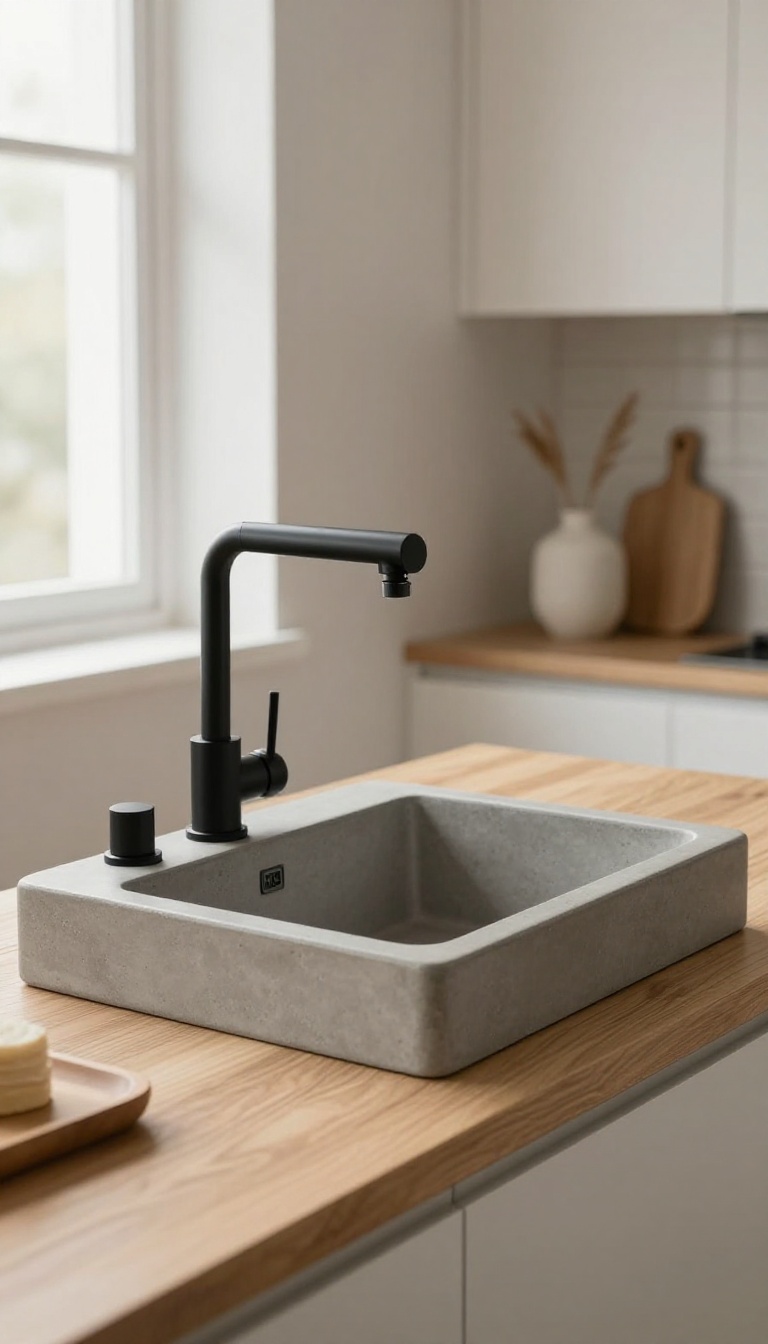 Modern kitchen with a handcrafted concrete sink, matte black gooseneck faucet, and light oak countertop in bright natural light