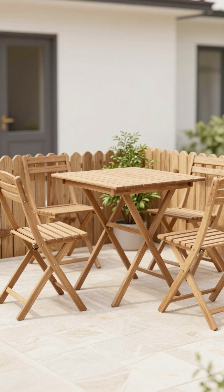 Foldable chairs and table on a small townhome patio, demonstrating flexible outdoor furniture