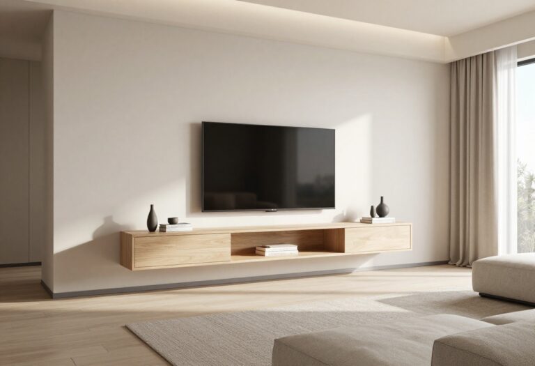 Modern living room with a floating TV console and mounted TV