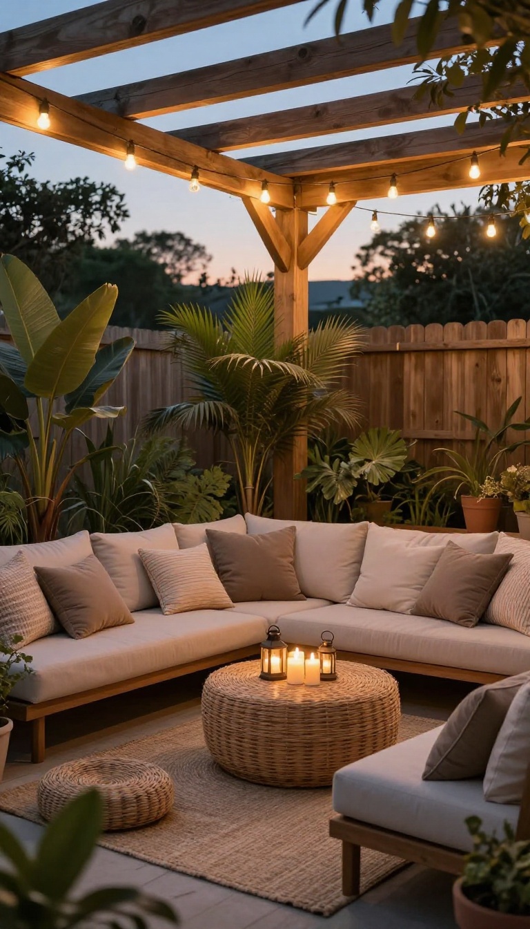 Cozy patio with warm string lights draped overhead, creating a soft glow over comfortable seating at dusk.