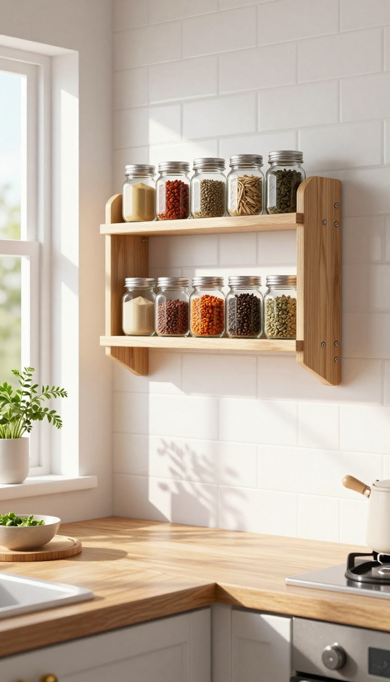 Wall-mounted spice rack in a bright kitchen with neatly arranged spice jars on wooden shelves.
