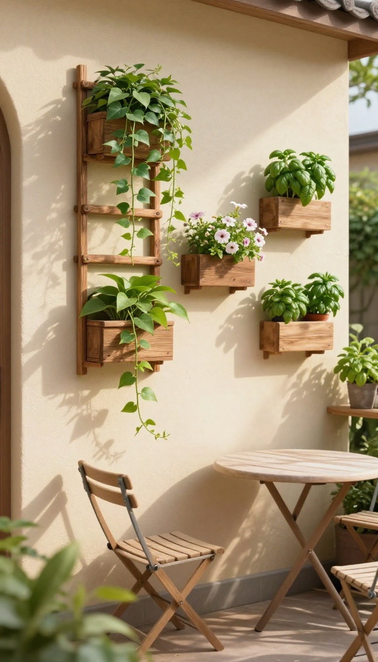 Small patio with vertical wall planters and trellis filled with trailing plants, creating a lush green wall.