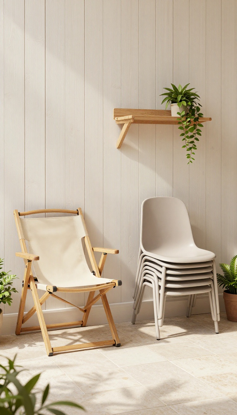 Foldable and stackable seating arranged neatly on a small patio to maximize space.