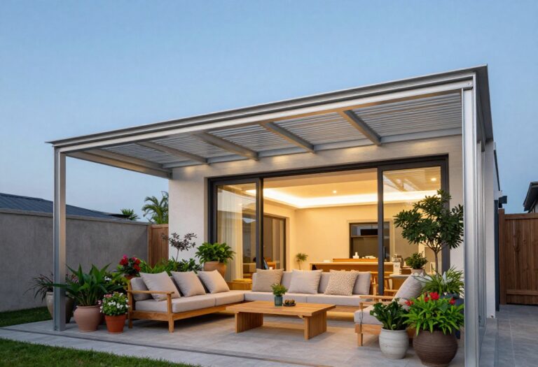 Modern house with attached aluminum louvered patio roof, outdoor furniture, and plants