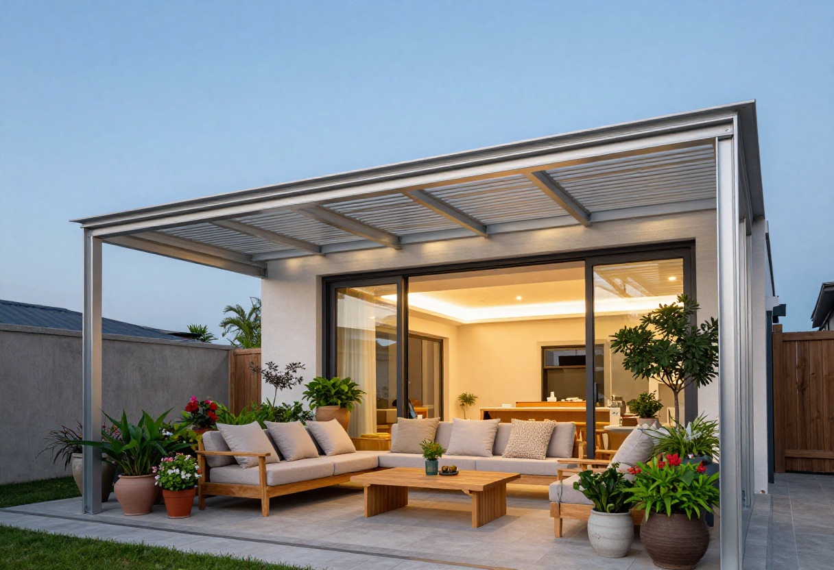 Modern house with attached aluminum louvered patio roof, outdoor furniture, and plants