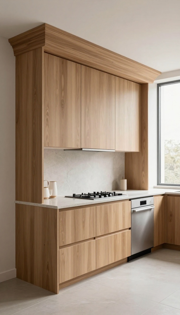 Wooden cornice valance above a kitchen window, matching stained wood cabinets, bright natural light, modern kitchen decor