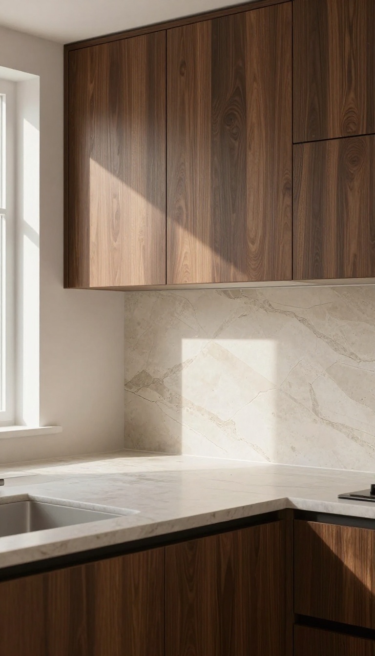 Modern kitchen with dark wood cabinets and a light textured stone backsplash