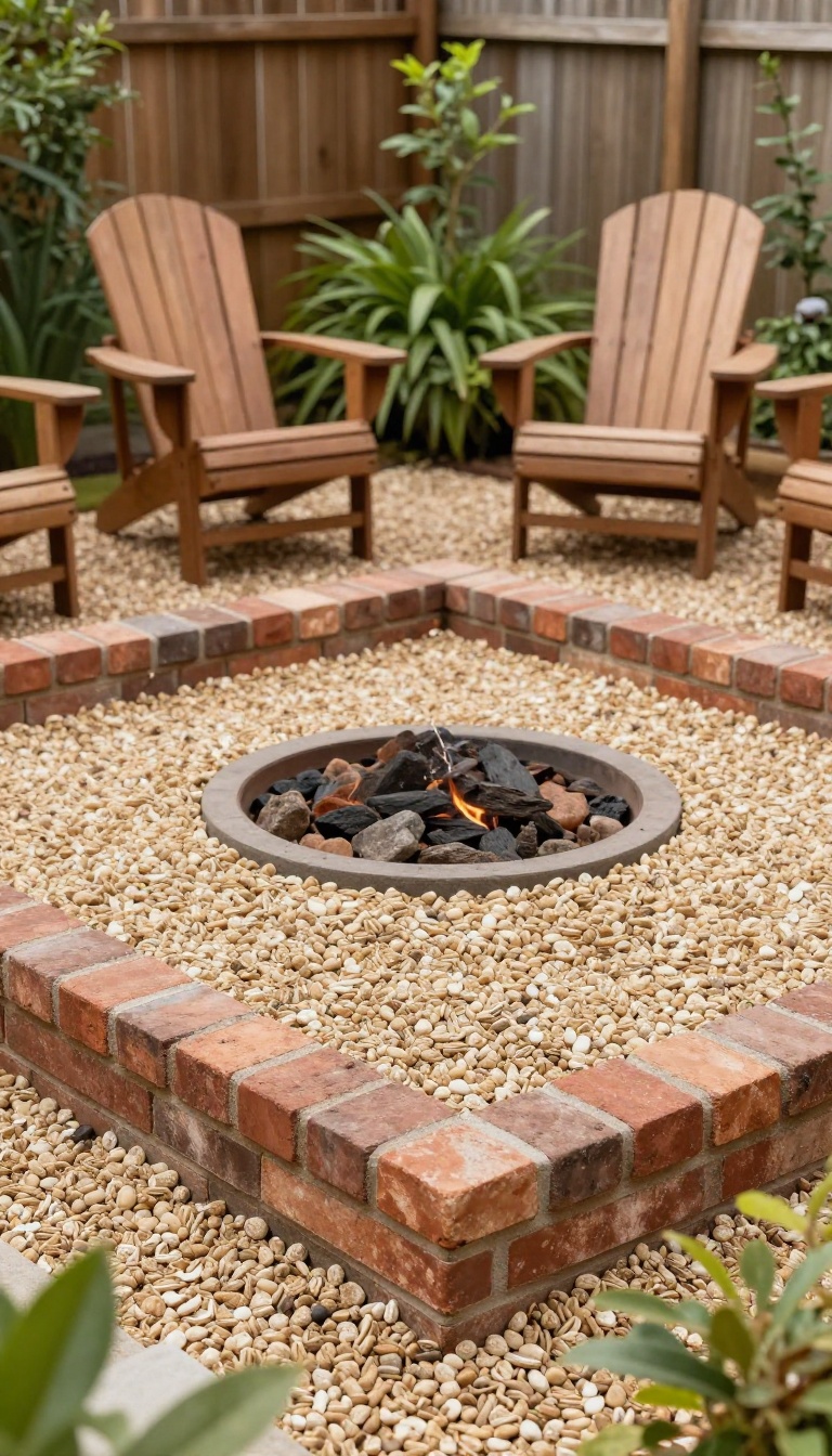 A brick border with gravel fill patio featuring a fire pit and chairs in a backyard setting.