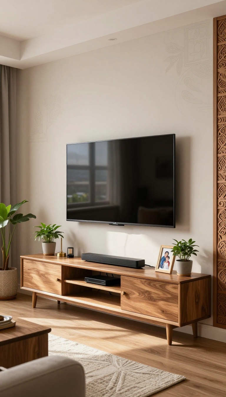 Compact wall-mounted entertainment unit with slim console in a small Indian living room